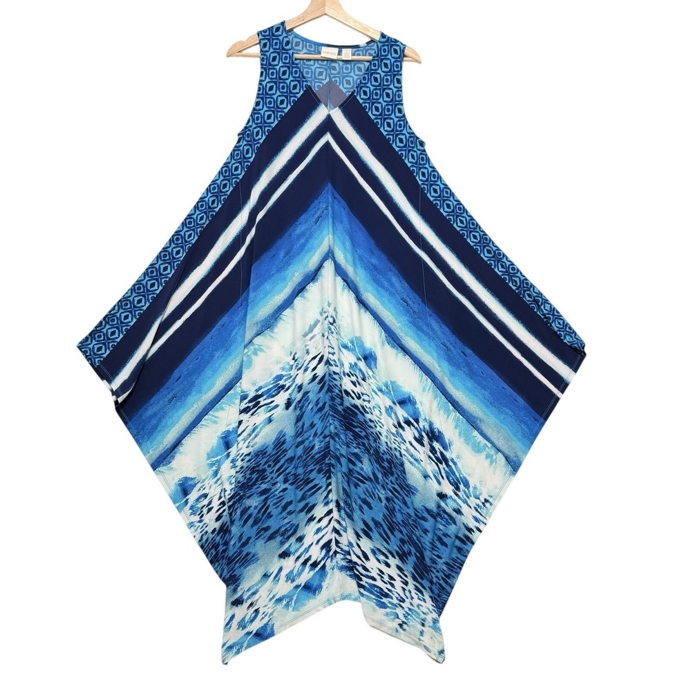Chico's Handkerchief Hem Summer Dress Sz 1 (Med) Blue Vacation Stretch Lagenlook - Picture 4 of 7